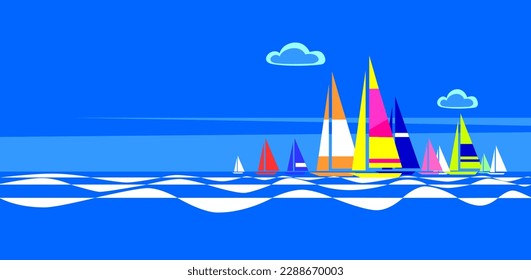 on a blue background, waves and multi-colored yachts on the water