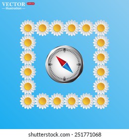 On a blue background with white daisies. compass icon with red and blue arrow, vector illustration, EPS 10