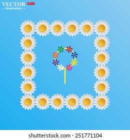 On a blue background with white daisies. Children's toy wind mill, turntables, pinwheel wind vane, vector illustration, EPS 10