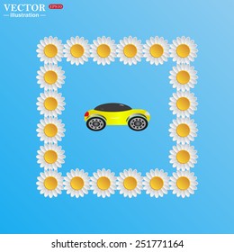 On a blue background with white daisies. yellow car, Vector illustration, EPS 10 