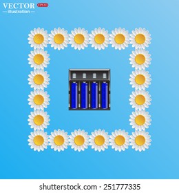 On a blue background with white daisies. battery charger with batteries, vector illustration, EPS 10 