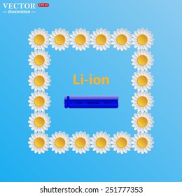 On a blue background with white daisies. li-ion battery , vector illustration, EPS 10