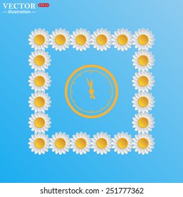 On a blue background with white daisies. mechanical clock. Vector illustration, EPS 10 