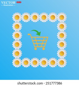 On a blue background with white daisies. put in shopping cart , vector illustration, EPS 10