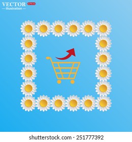 On a blue background with white daisies. remove from the shopping cart, vector illustration, EPS 10