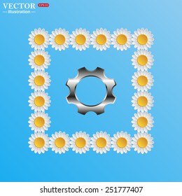 On a blue background with white daisies. Cog Settings , vector illustration, EPS 10