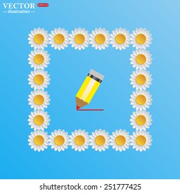 On a blue background with white daisies. yellow pencil, vector, EPS 10