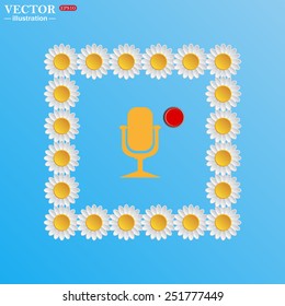 On a blue background with white daisies. Microphone. Voice recording, vector illustration, EPS 10