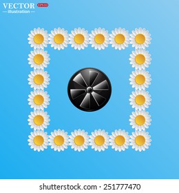 On a blue background with white daisies. fan, vector illustration, EPS 10 