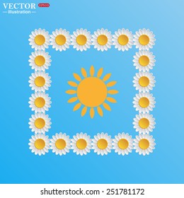 On a blue background with white daisies. gas burner gas stove.