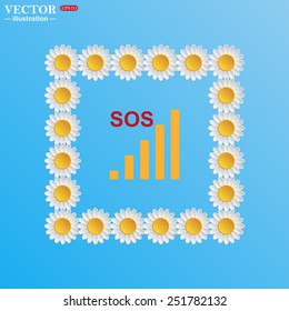 On a blue background with white daisies. no signal, poor signal strength, signal strength indicator, vector illustration, EPS 10