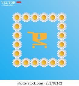 On a blue background with white daisies. put in shopping cart , vector illustration, EPS 10