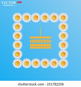 On a blue background with white daisies. birthday cake icon. Vector illustration, EPS 10