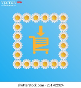 On a blue background with white daisies. put in shopping cart , vector illustration, EPS 10