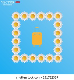 On a blue background with white daisies. Baggage icon. Vector illustration, EPS 10
