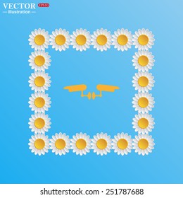 On a blue background with white daisies. Two surveillance cameras, vector illustration, EPS 10