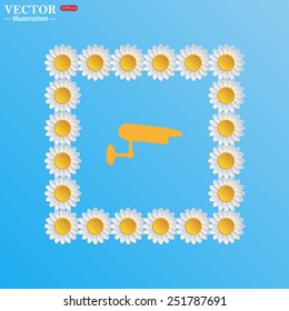 On a blue background with white daisies. surveillance Camera, vector illustration, EPS 10