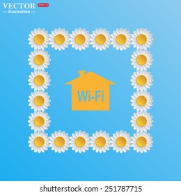 On a blue background with white daisies. The house is surrounded by a network wi-fi , vector illustration, EPS 10