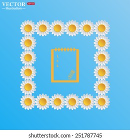 On a blue background with white daisies. tablet with paper, vector illustration, EPS 10