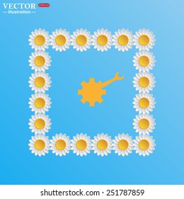 On a blue background with white daisies. Cog Settings , vector illustration, EPS 10