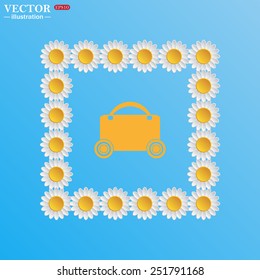 On a blue background with white daisies. suitcase on wheels , vector illustration, EPS 10