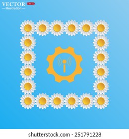 On a blue background with white daisies. Toothed setting controls via wi-fi network, vector illustration, EPS 10
