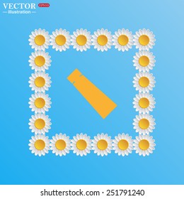 On a blue background with white daisies. tube for cream or another cosmetic remedy , vector illustration, EPS 10