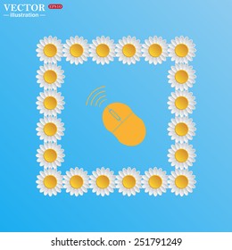 On a blue background with white daisies. Wireless mouse, vector illustration, EPS 10