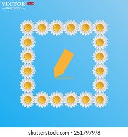 On a blue background with white daisies. pencil, vector, EPS 10