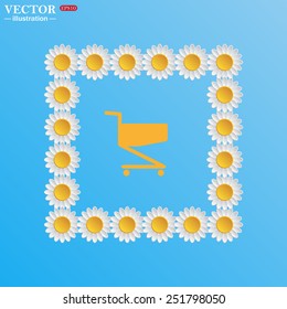 On a blue background with white daisies. Shopping basket , vector illustration, EPS 10