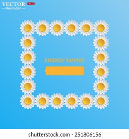 On a blue background with white daisies.  energy saving battery , vector illustration, EPS 10