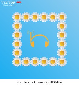 On a blue background with white daisies. Headphones. Musical accessories running through wi-fi network,  vector illustration, EPS 10