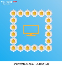 On a blue background with white daisies.  computer display, vector illustration, EPS 10