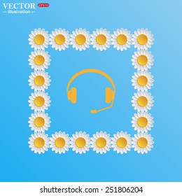 On a blue background with white daisies.  Headphones. Musical accessory,   vector illustration, EPS 10