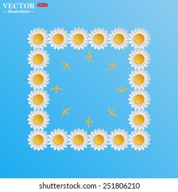 On a blue background with white daisies.  Fashion Icon Aircraft, vector illustration, EPS 10