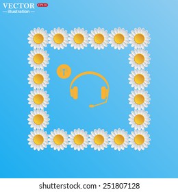 On a blue background with white daisies. Headphones. Musical accessories running through wi-fi network,  vector illustration, EPS 10