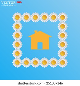 On a blue background with white daisies. Home, vector illustration, EPS 10