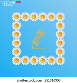 On a blue background with white daisies.   pencil, vector, EPS 10