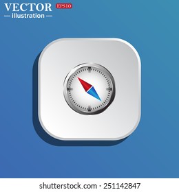 On a blue background white square with rounded corners. compass icon with red and blue arrow, vector illustration, EPS 10