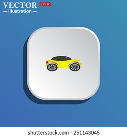 On a blue background white square with rounded corners. yellow car, Vector illustration, EPS 10 