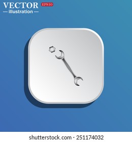 On a blue background white square with rounded corners. realistic wrench , vector illustration, EPS 10