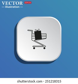 On a blue background white square with rounded corners. put in shopping cart  , vector illustration, EPS 10