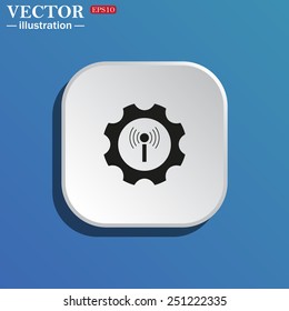On a blue background white square with rounded corners. Toothed setting controls via wi-fi network, vector illustration, EPS 10
