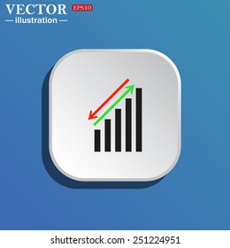 On a blue background white square with rounded corners. chart with green and red arrows, vector illustration, EPS 10