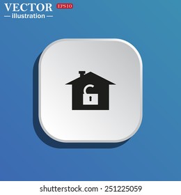 On a blue background white square with rounded corners. House, access is open, unlocked,  vector illustration, EPS 10