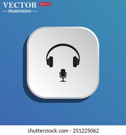 On a blue background white square with rounded corners. Headphones. Musical accessory,   vector illustration, EPS 10