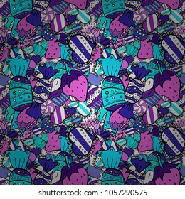 On blue, black and violet colors. Colorful seamless pattern with candy abstract geometric style. Trendy vector background.