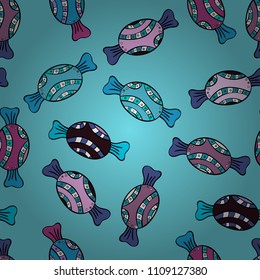 On blue, black and violet colors. Vector. Colorful Candy seamless pattern.