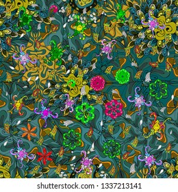 On blue, green and black colors. Vector illustration. Doodles. Seamless decorative background. Can be used for cards, invitations, save the date cards and many more.