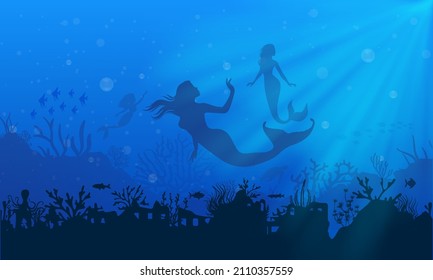 On blue sea mermaid landscape silhouettes. silhouette of mermaid with school fish and reef.